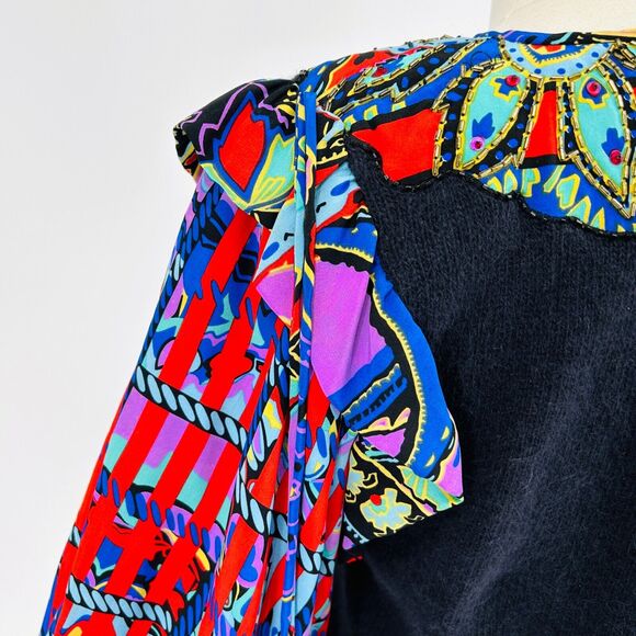 RARE 80s Marisa Christina Black Wool + Colored Silk Puff Sleeve Beaded Blouse - Picture 7 of 8